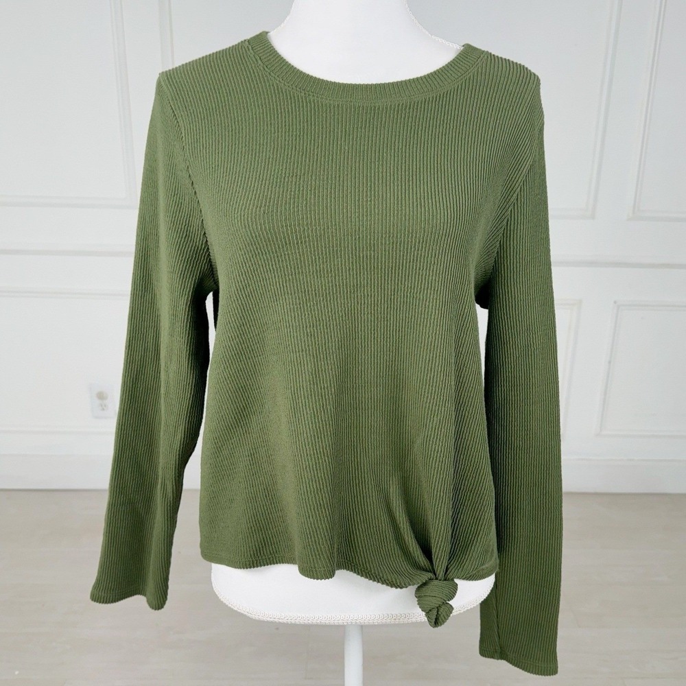 Madewell Women Large‎ Green Ribbed Long Sleeve Shirt Knot Causal Earthy Autumn